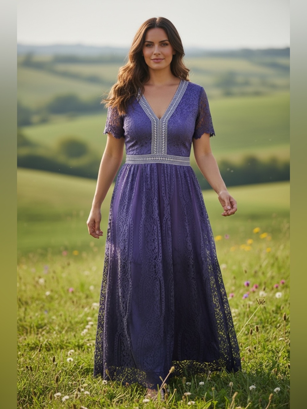 Elegant Purple Lace V-Neck Maxi Dress Size XL Bohemian Goddess Boho Lavender